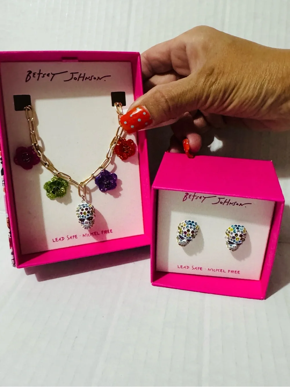 Betsey Johnson skull multicolor, earrings and necklace set BNWT